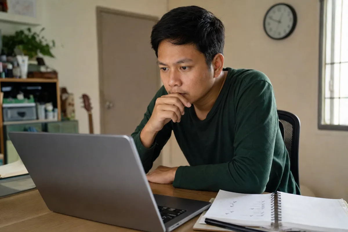 A man at home carefully reviewing a remote job listing on his laptop